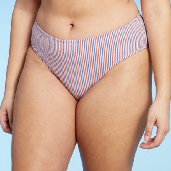 Xhilaration Blue/Dark Orange Ribbed High Leg Scoop Waist Bikini Bottoms 20/22W # - Picture 1 of 8